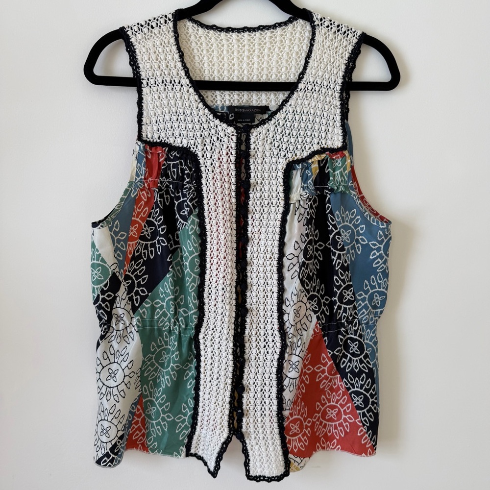 BCBGMaxAzria 100%Silk Crochet-Trim Sleeveless Top One Size